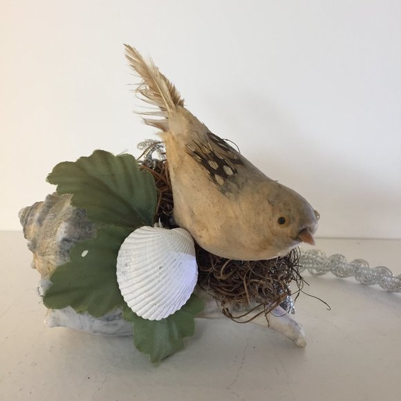 Vintage Bird Ornament Shell Hanging by Silver Ric Rack - Picture 1 of 8